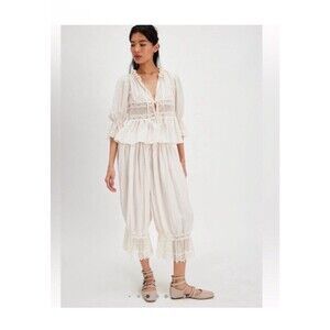NWT FREE PEOPLE Forever Young Set Bed Jacket Pants White INTIMATELY  IVORY Sz M
